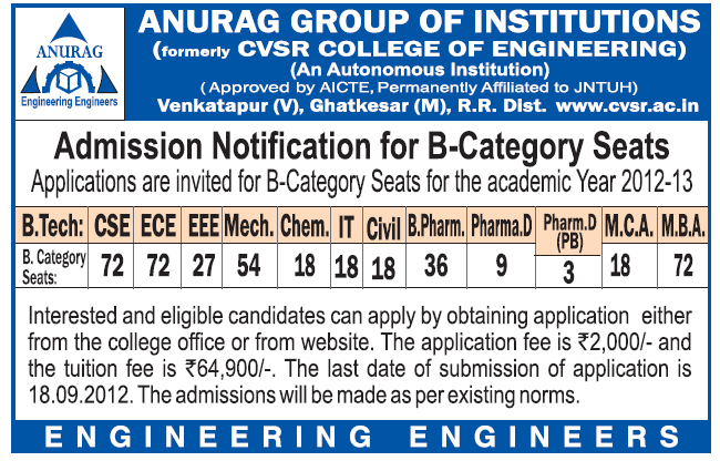 Notification For B-Category Seats | Anurag Group Of Institutions